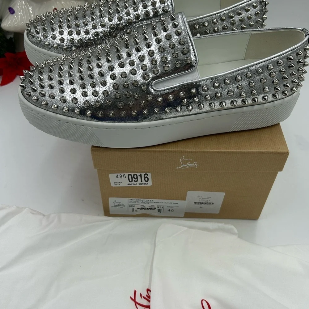 Men's Christian Louboutin roller boat, metallic silver spiked sneakers size 46